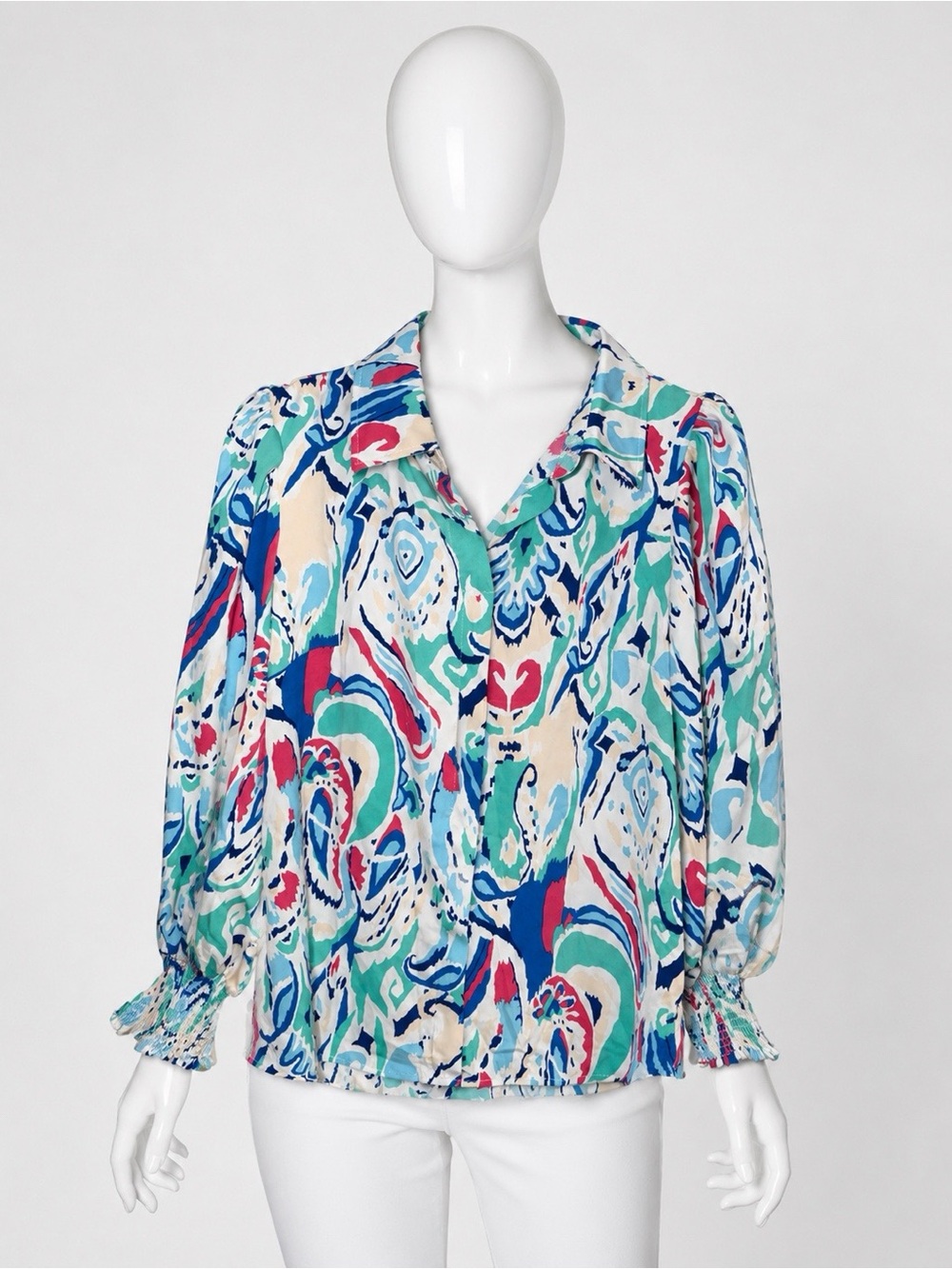 LTX Sportswear Abstract Multicolor Button-Front Blouse in Blue & Aqua